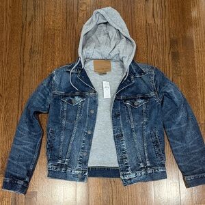 American Eagle Outfitters Blue Denim Jacket with Gray Hood
